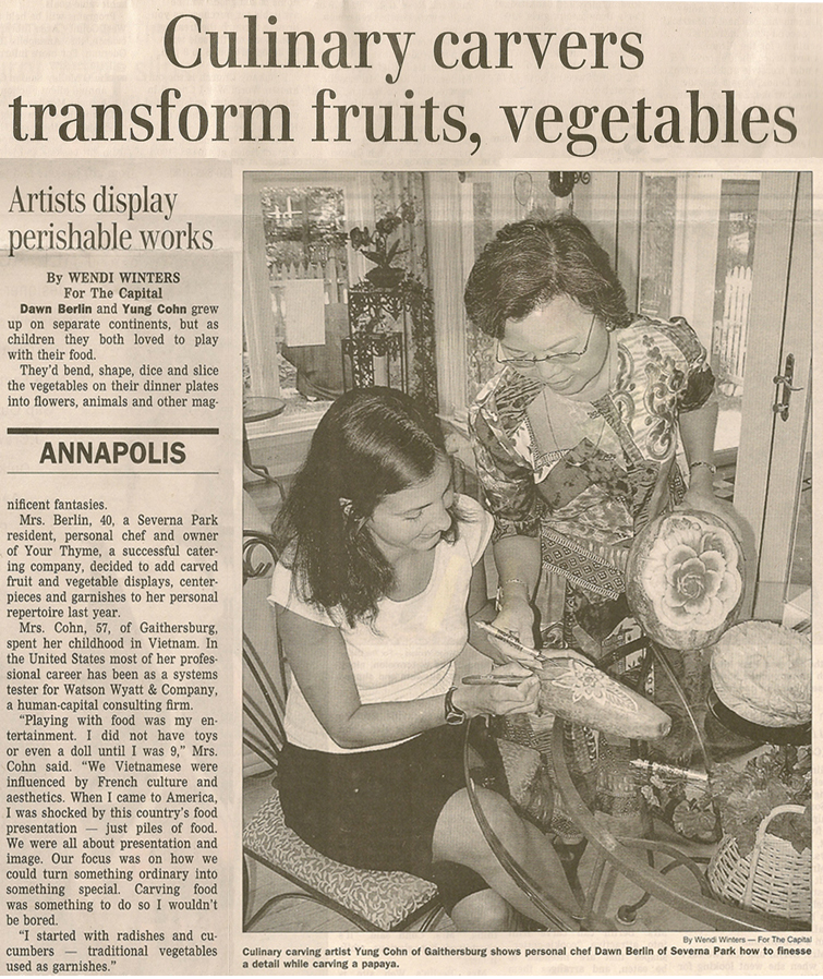 Article from The Capital, Annapolis, Maryland, Aug. 13, 2008, page C-7, entitled "Culinary carvers transform fruits, vegetables"